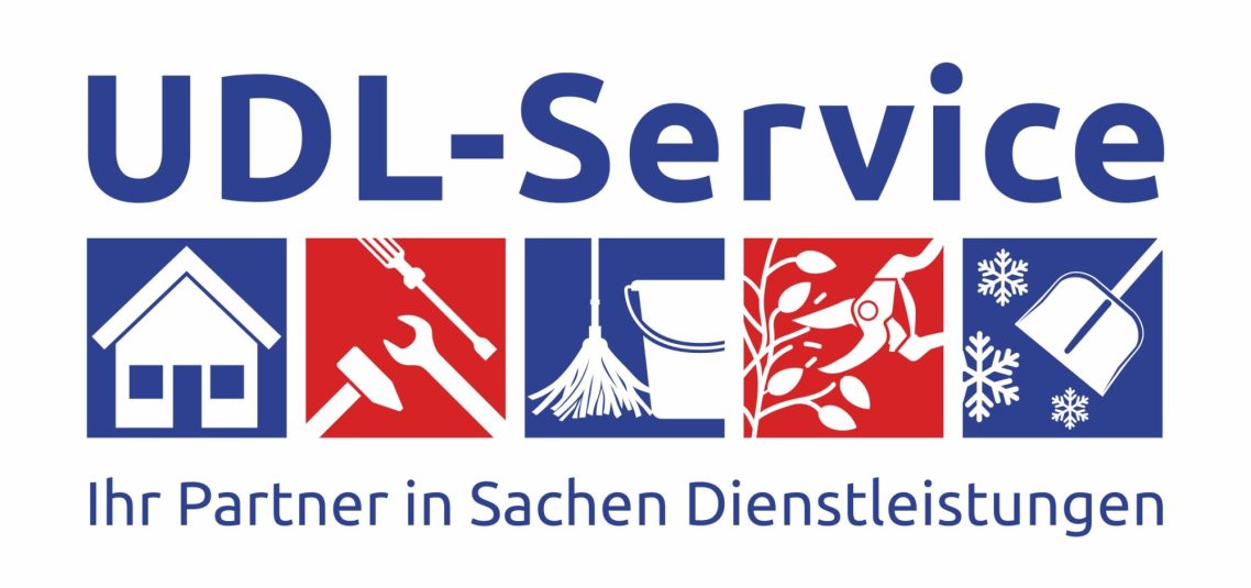 Logo von UDL-Service mit Symbolen für Dienstleistungen und Slogan.